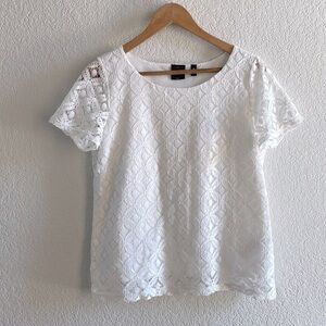 Rafaella White Lace Overlay Open Knit Lined Short Sleeves Top Size Medium